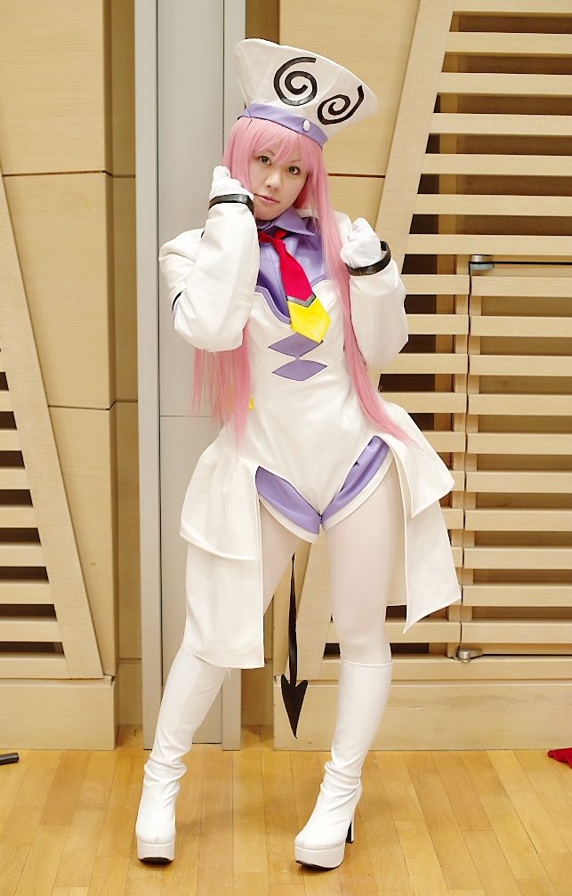 Asian Pink Hair Cosplay Girl wearing Majorette Uniform, White Lycra Opaque Tights and White Leather Boots