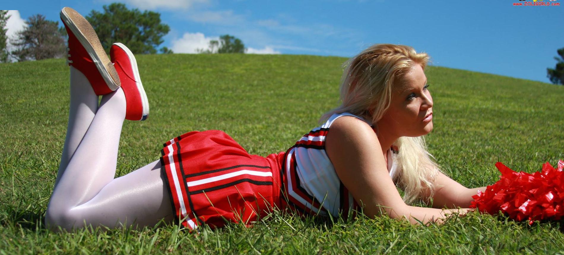 Blonde Cheerleader wearing White Opaque Shiny Pantyhose and Red Sneakers