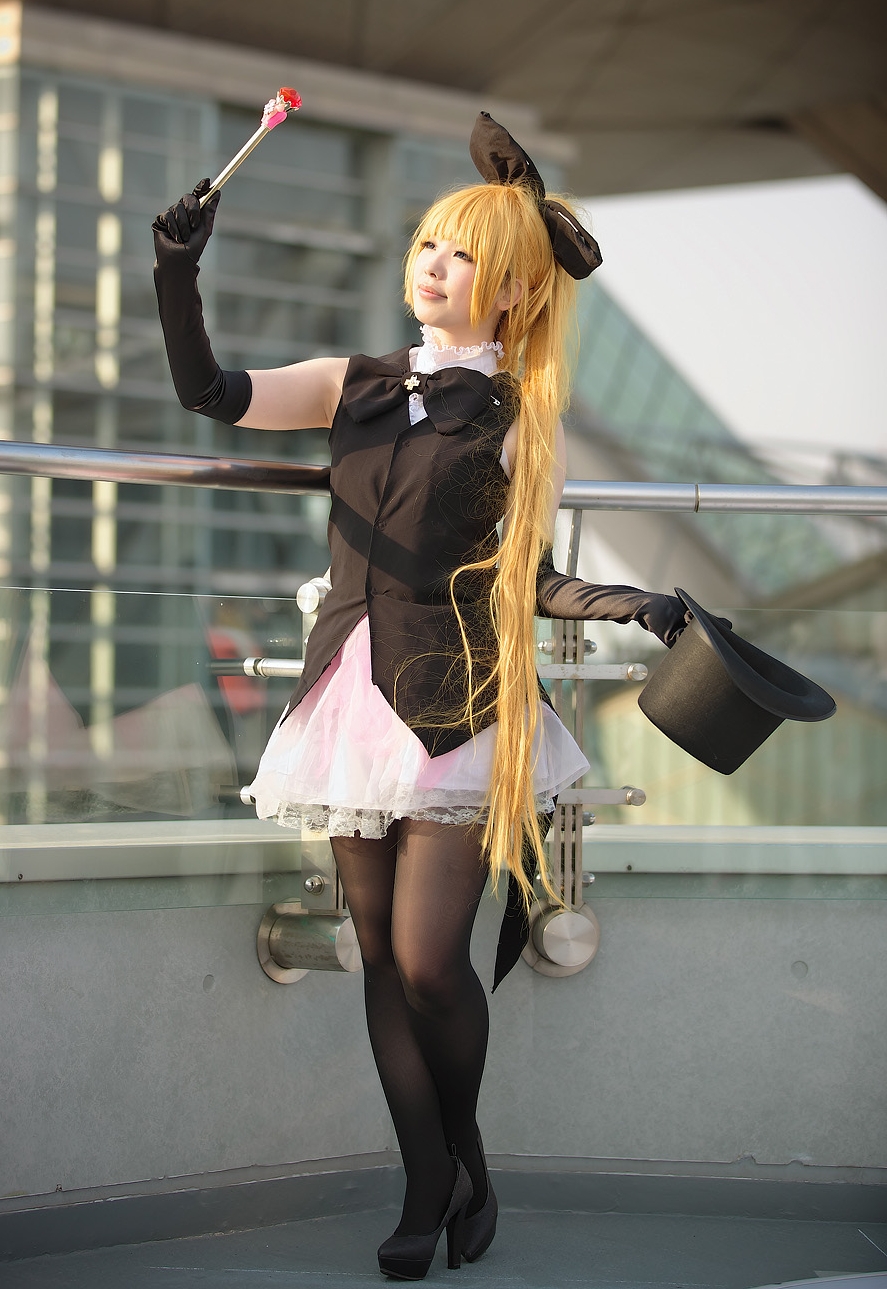 Asian Blonde Cosplay Girl wearing Magician Costume, Black Sheer Nylon Tights and White Tulle Short Dress