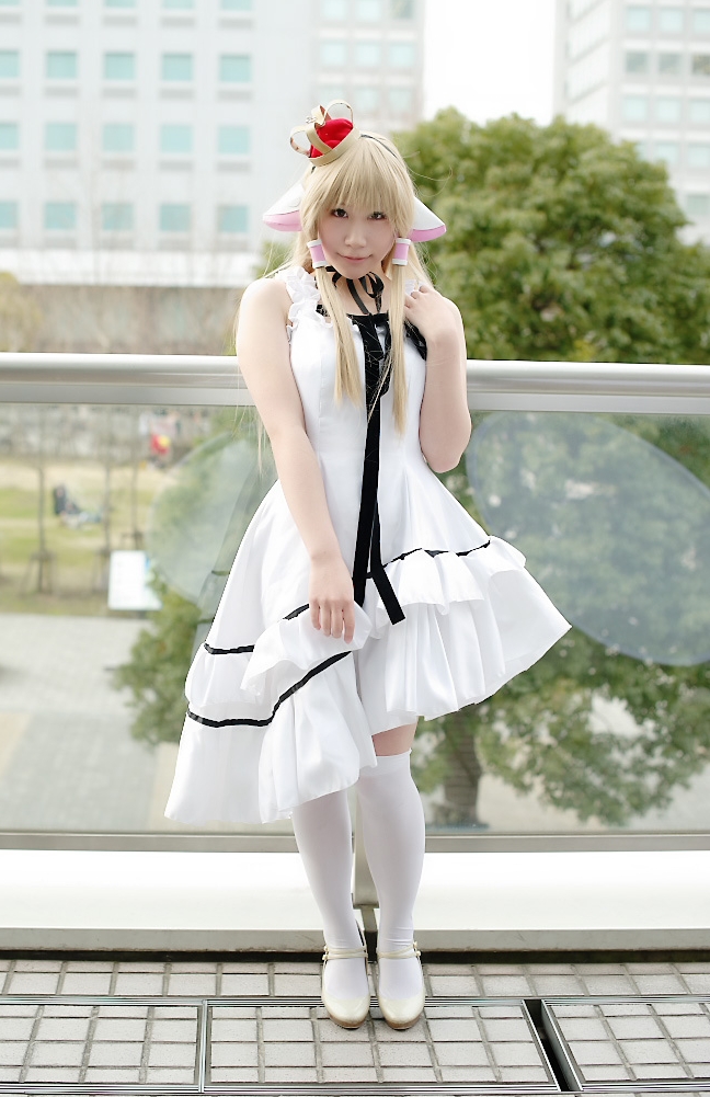 Asian Blonde Cosplay Girl wearing Chobit Costume, White Lycra Socks and Cotton Pleated Dress