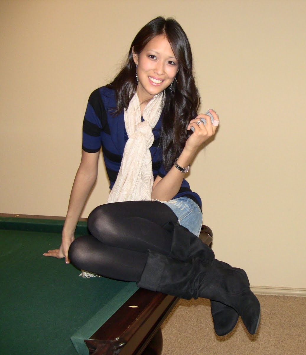 Asian Pantyhose Skirt Porn - Brunette Asian Girl wearing Blue Denim Mini Skirt and Black Opaque Shiny  Pantyhose