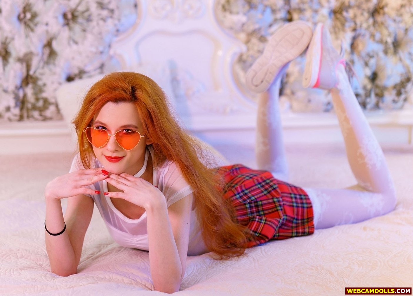 Redhead Schoolgirl in Tartan Mini Skirt and White Sneakers on Webcamdolls