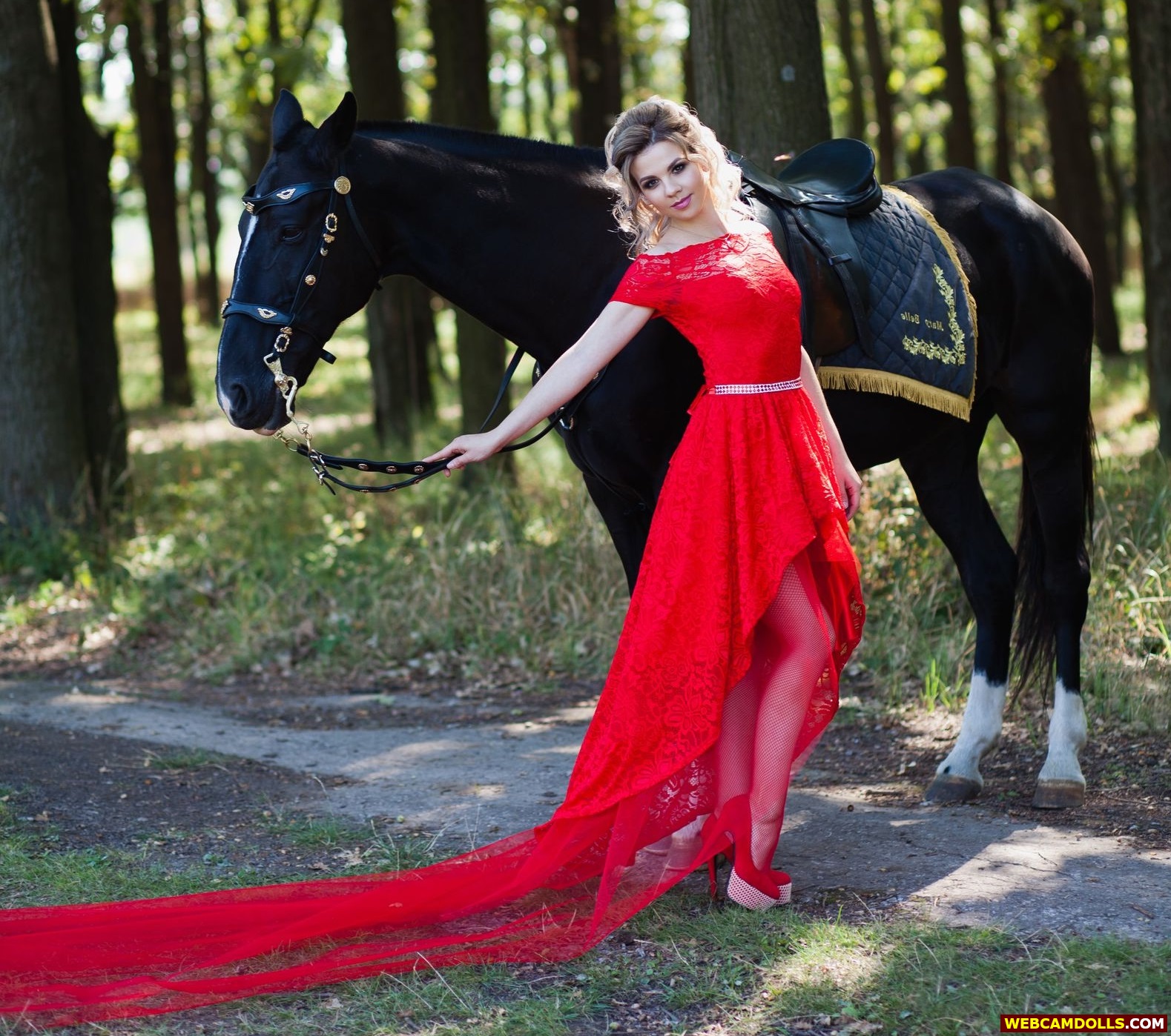 Blonde Young Horse Rider in Red Fishnet Pantyhose and Long Tulle Dress on Webcamdolls